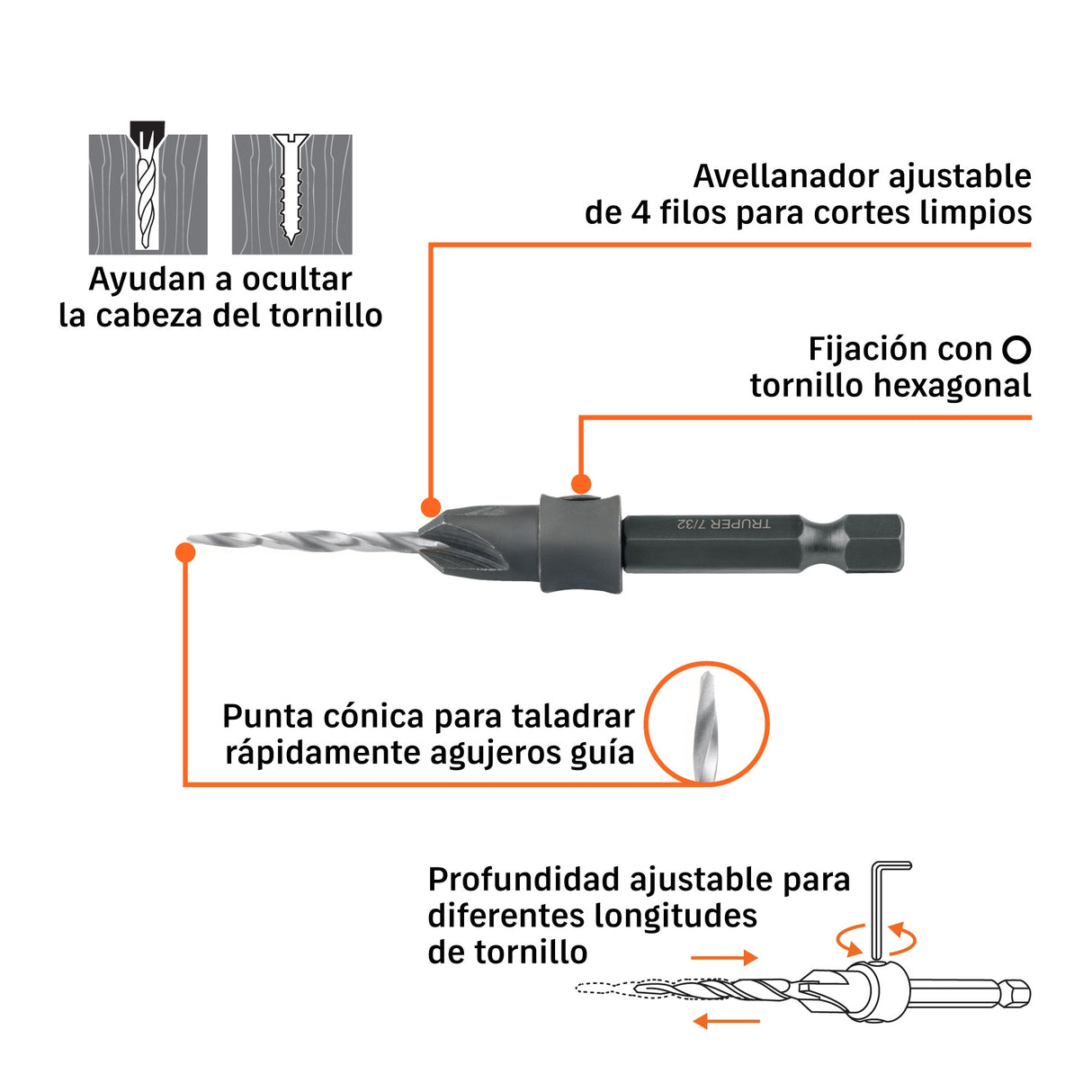 Broca avellanadora #4 para madera, 7/64', Truper