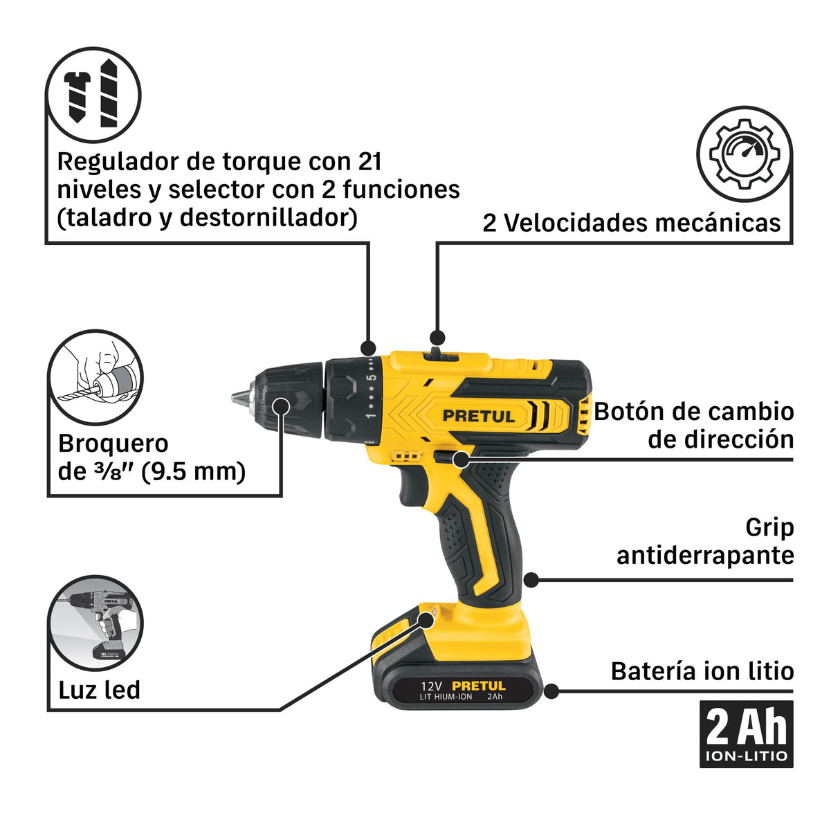 Taladro/destornillador 3/8', 12 V, 1 batería 2 Ah, Pretul