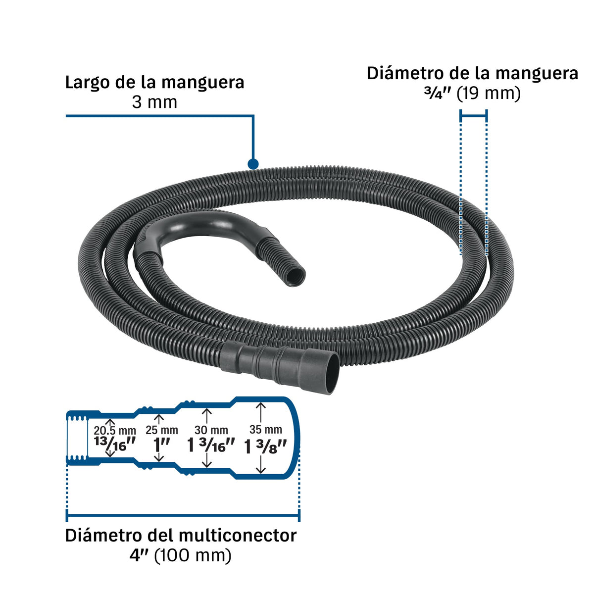 Manguera con multiconector, desagüe lavadora, 3 m, Foset
