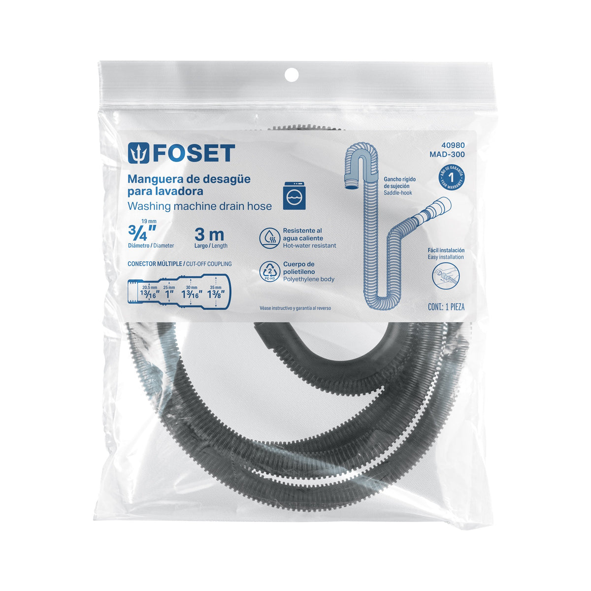 Manguera con multiconector, desagüe lavadora, 3 m, Foset