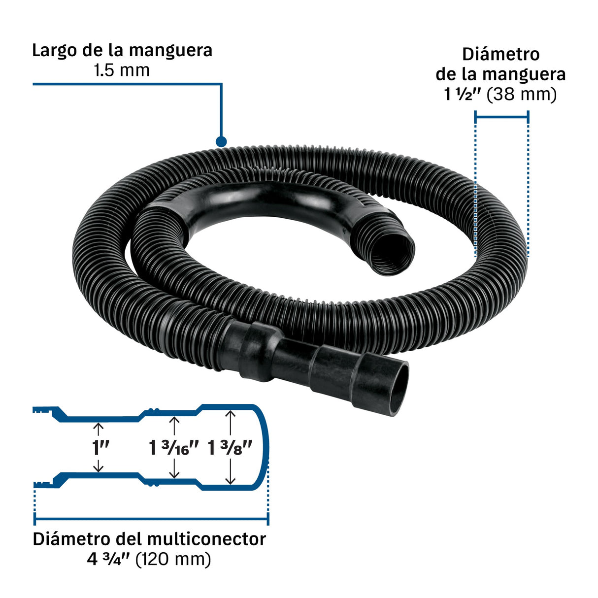 Manguera reforzada con multiconector, desagüe lavadora, 1.5 m