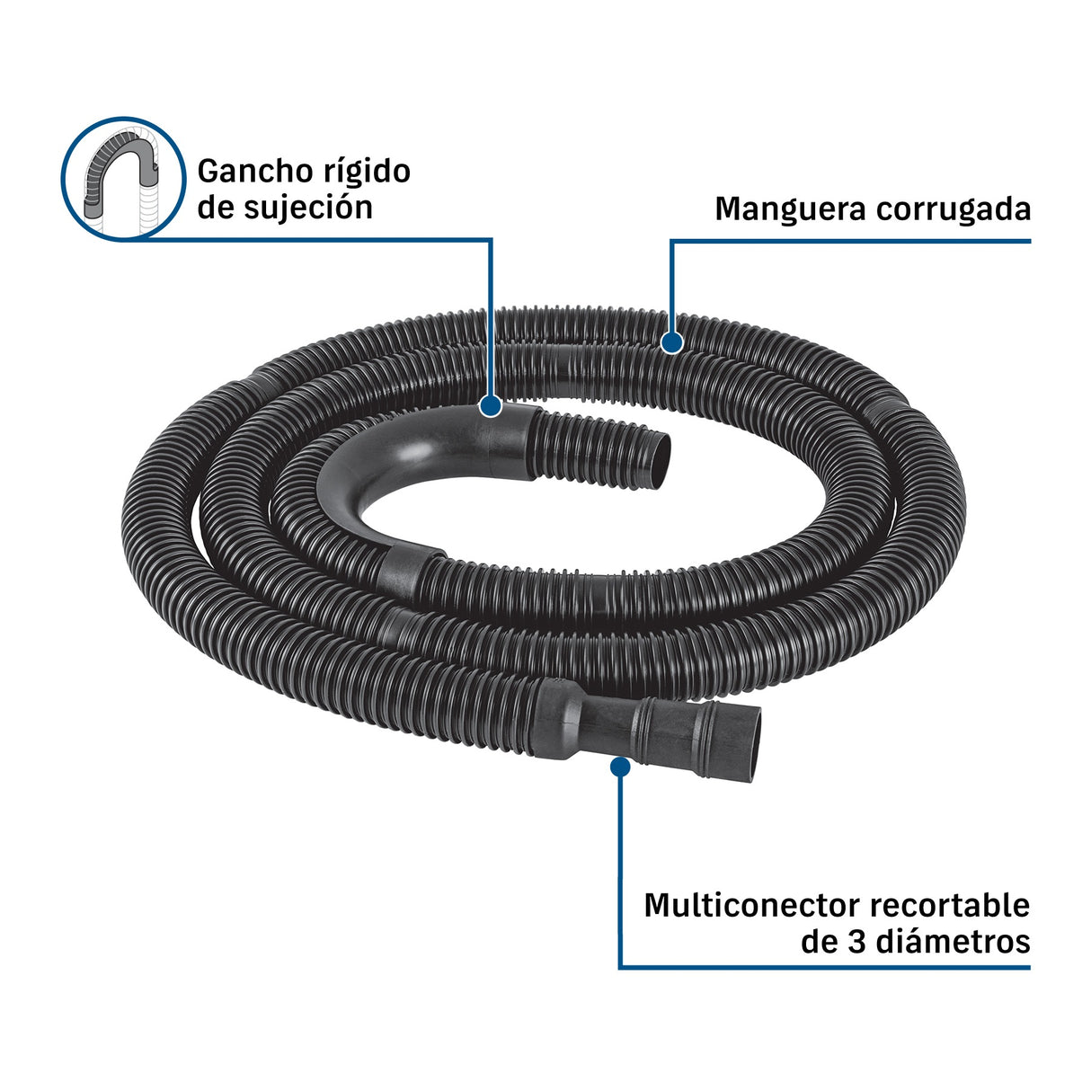 Manguera reforzada con multiconector, desagüe lavadora, 3 m