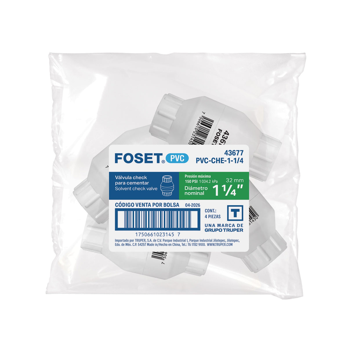 Válvula check de PVC 1-1/4' para cementar, Foset