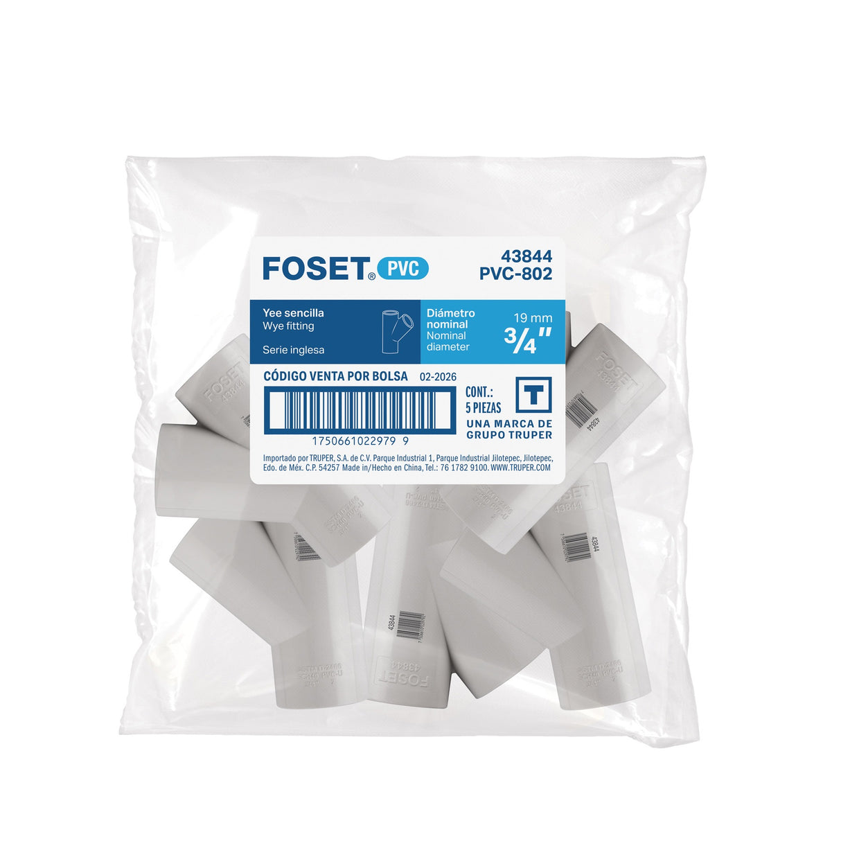 Yee sencilla de PVC 3/4', Foset