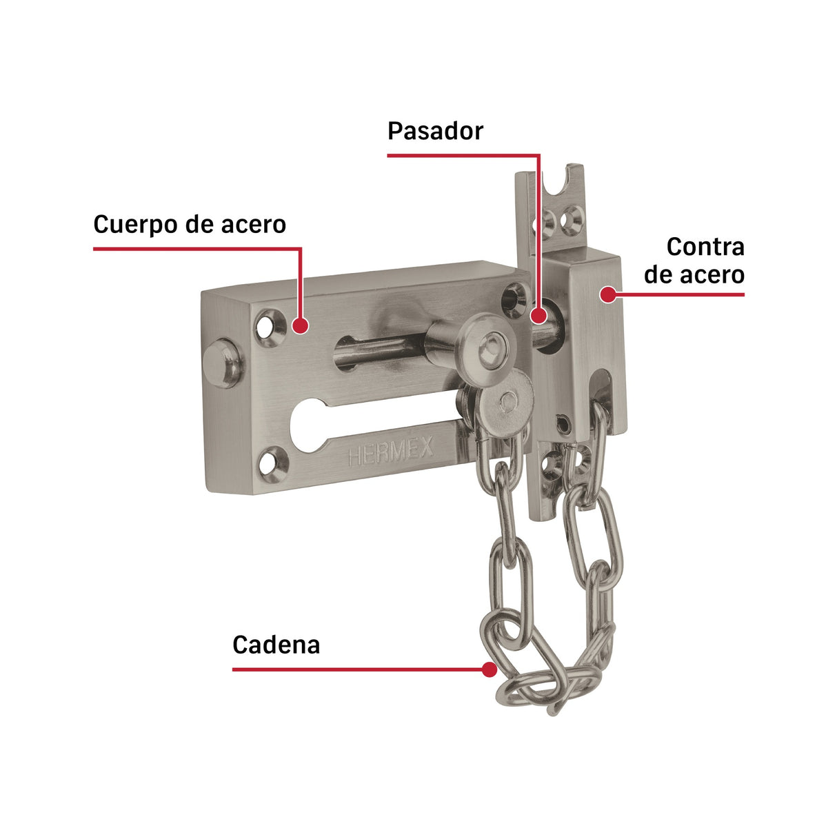 Pasador con cadena para puerta, acabado níquel satín, Hermex