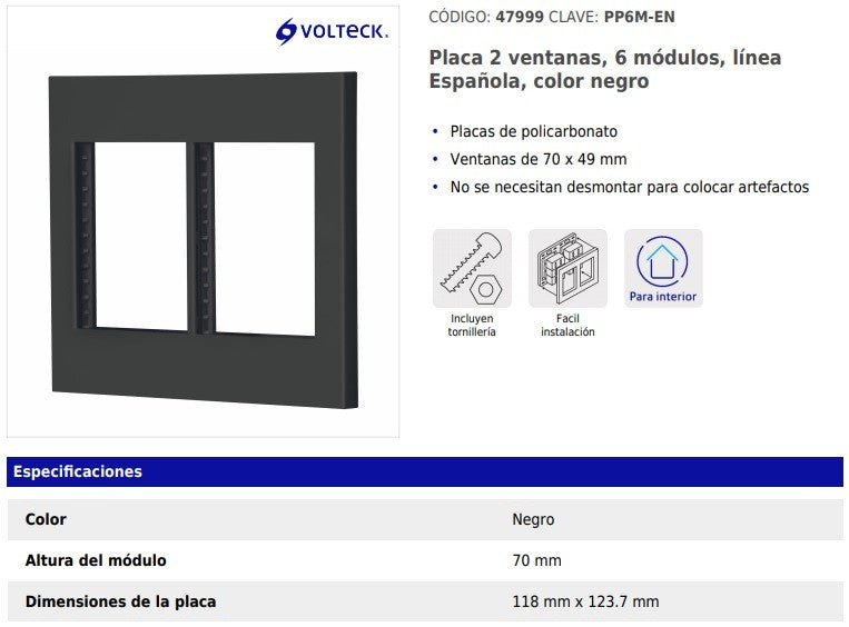Placa 2 Ventanas, 6 Modulos, Linea Espanola, Color Negro