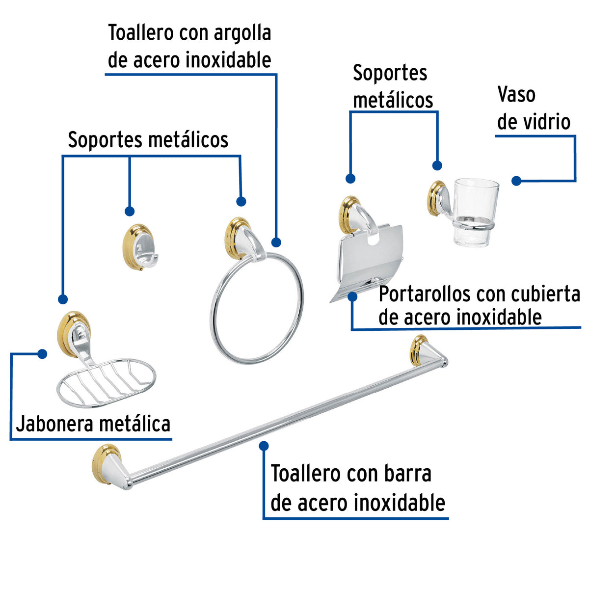 Juego de 6 Accesorios para Baño, Cromo-oro, Foset Aqua