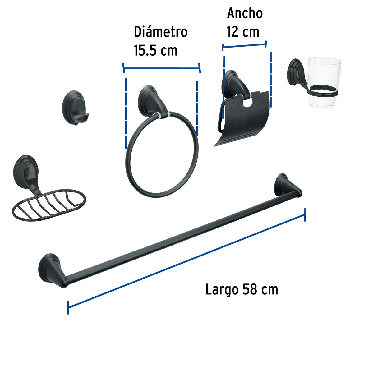 Juego de 6 Accesorios para Baño, Negro, Foset Aqua