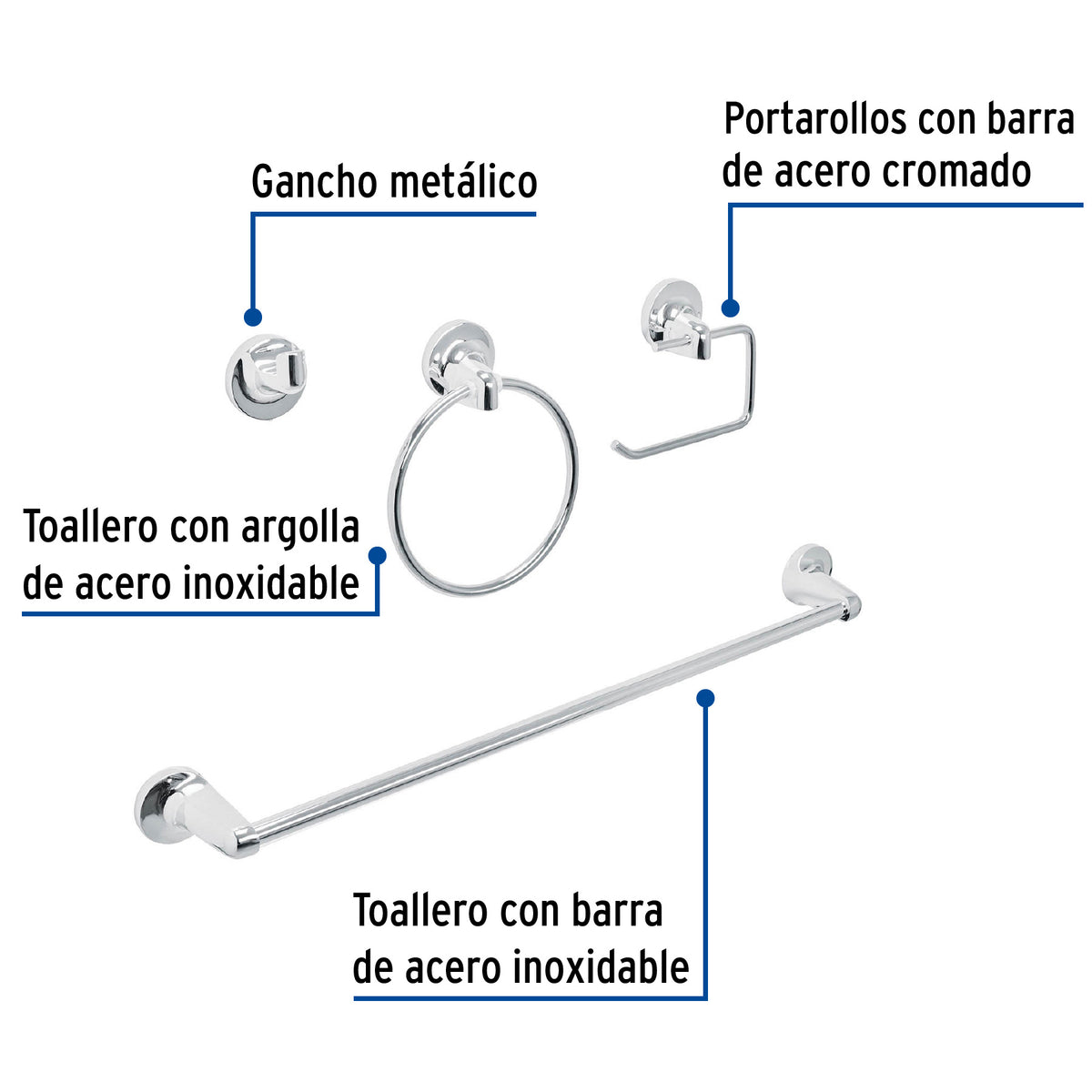 Juego de 4 Accesorios para Baño, Cromo, Foset Aqua