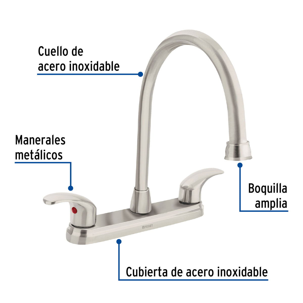 Mezcladora Fregadero 8' Satín, Cuello Largo, Palanca, Aqua