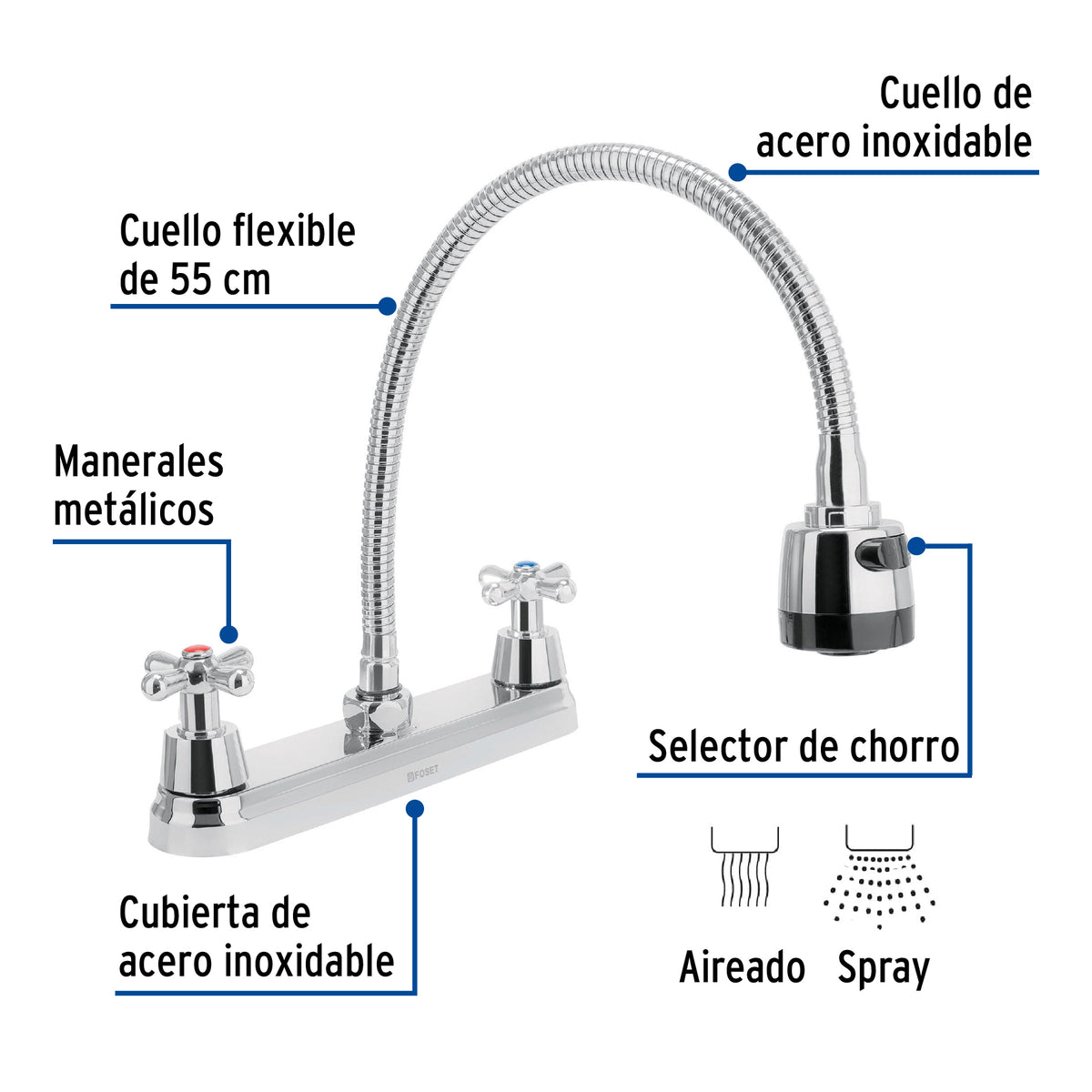 Mezcladora Fregadero 8' Cromo, Cuello Flexible, Cruceta, Aqua