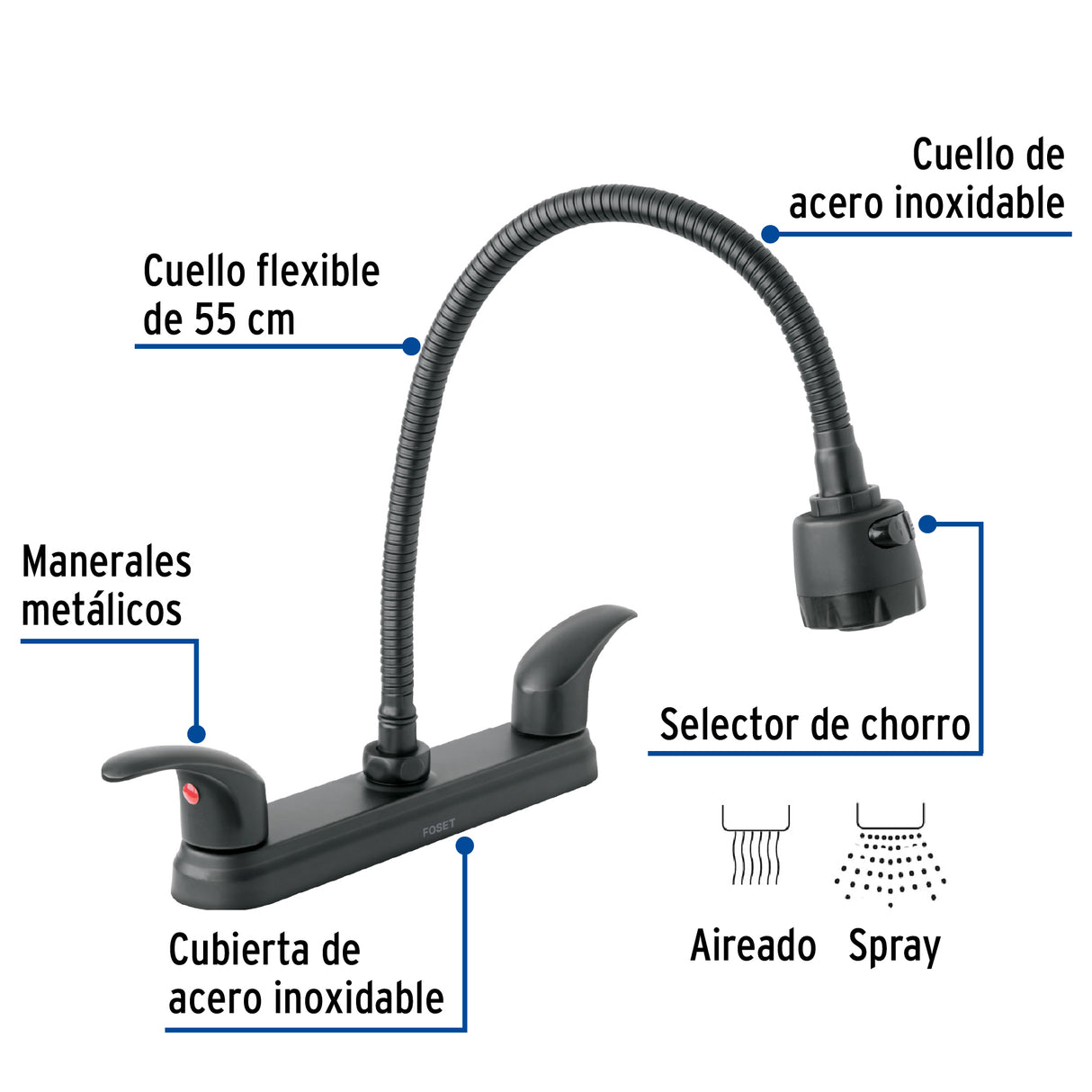 Mezcladora 8' para Fregadero, Flexible, Palanca, Negro, Aqua