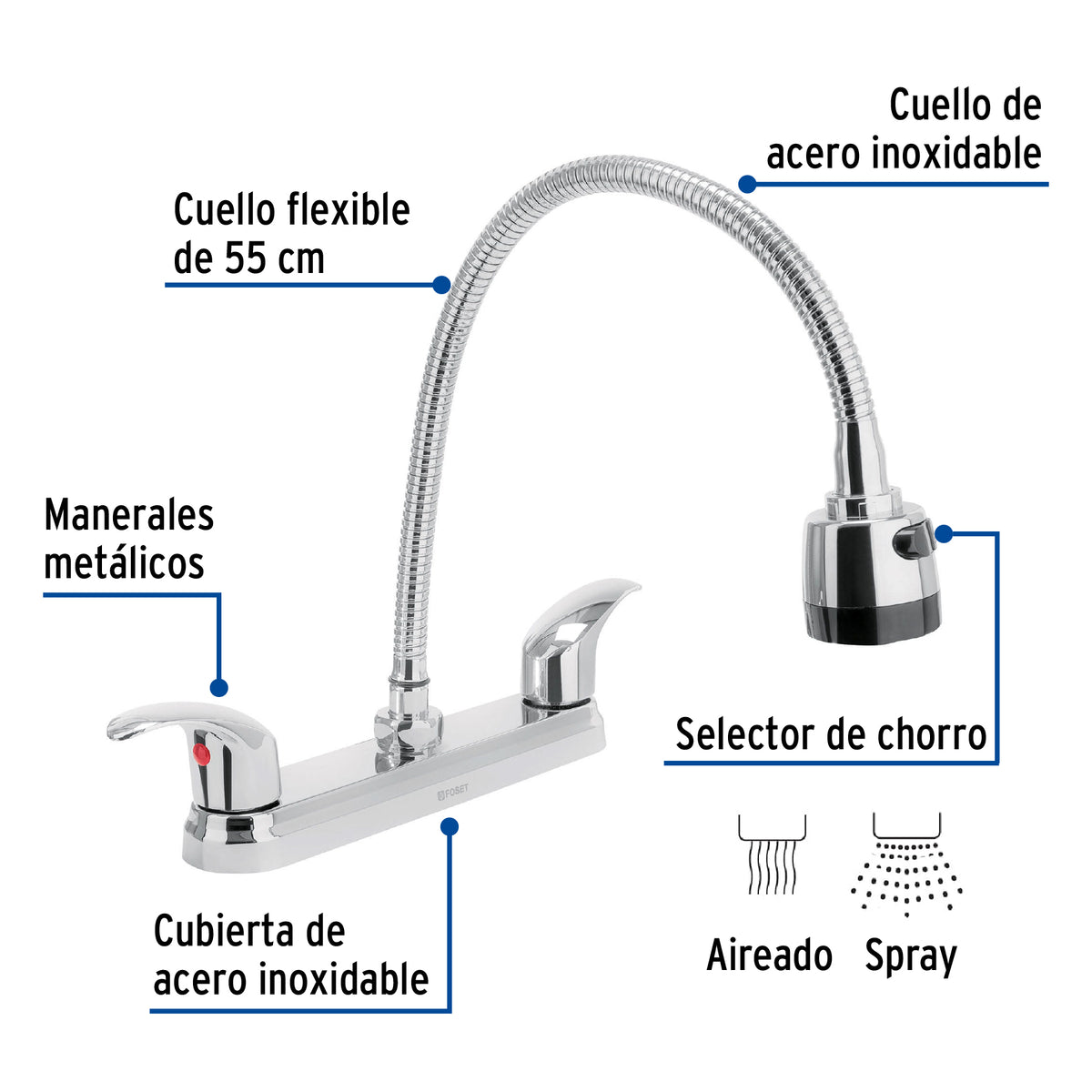 Mezcladora Fregadero 8' Cromo, Cuello Flexible, Palanca, Aqua