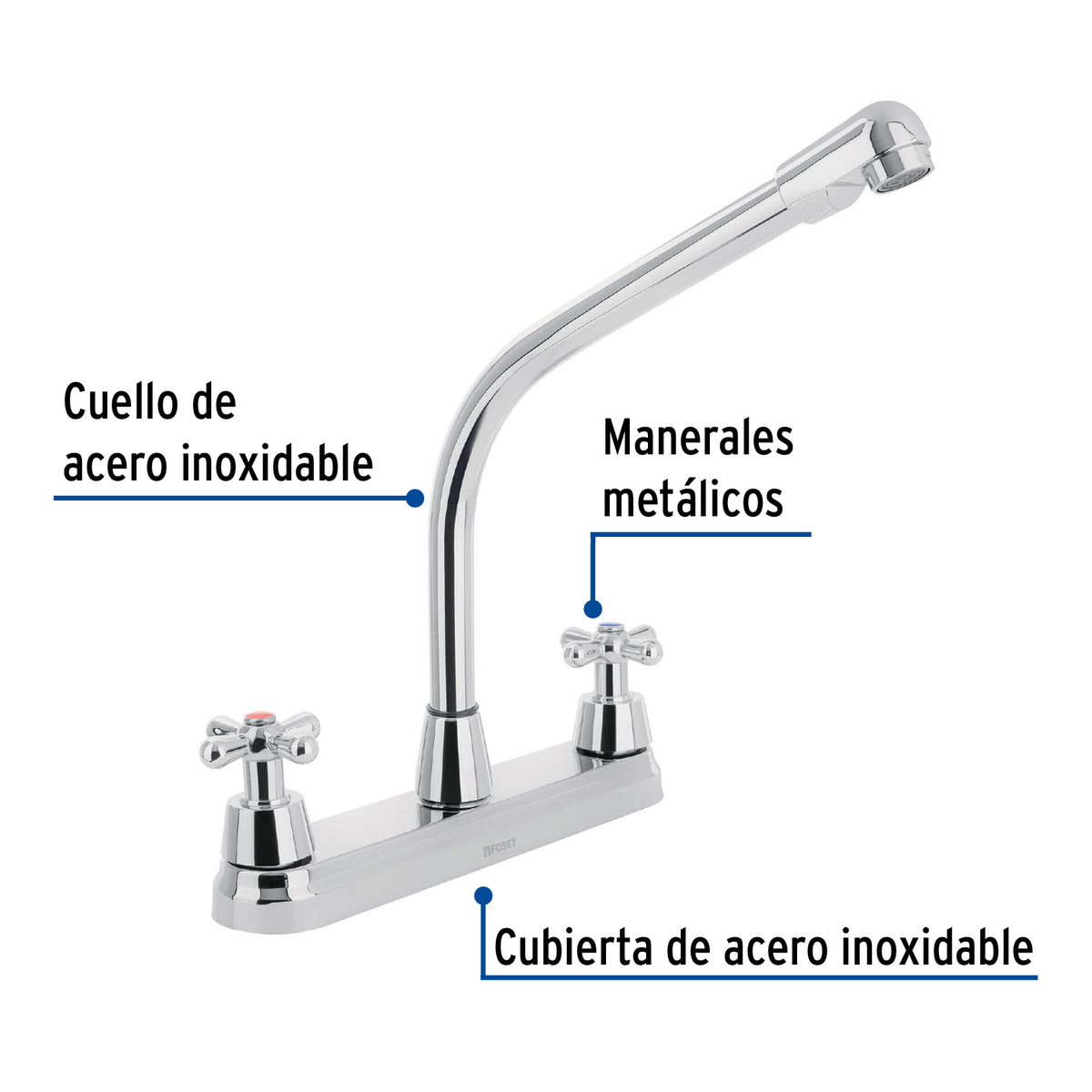 Mezcladora Fregadero 8' Cromo, Cuello Cobra, Cruceta, Aqua