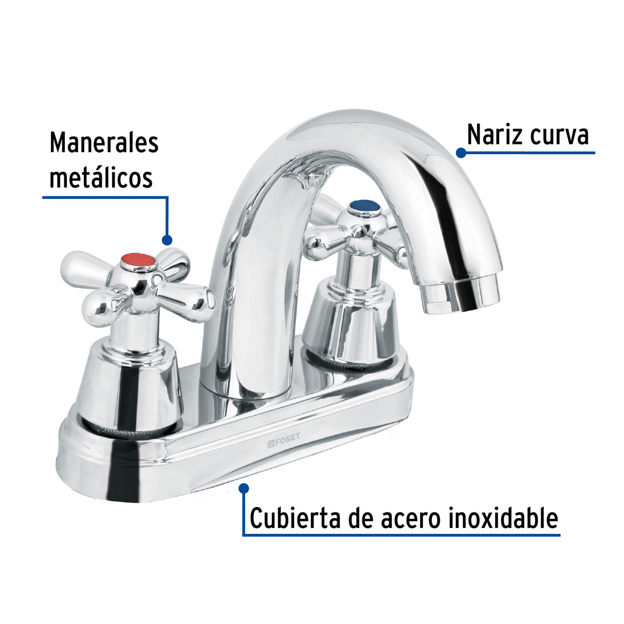 Mezcladora Lavabo 4' Cromo, Nariz Curva, Cruceta, Aqua
