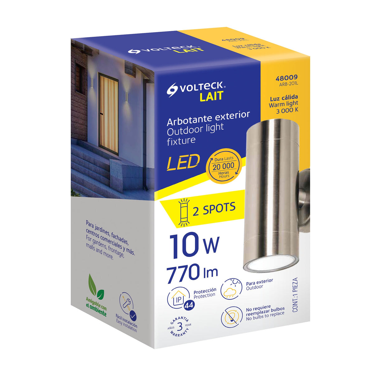 Arbotante LED Exterior 10 W 3000K, 2 Spots, 6X16 cm, Volteck