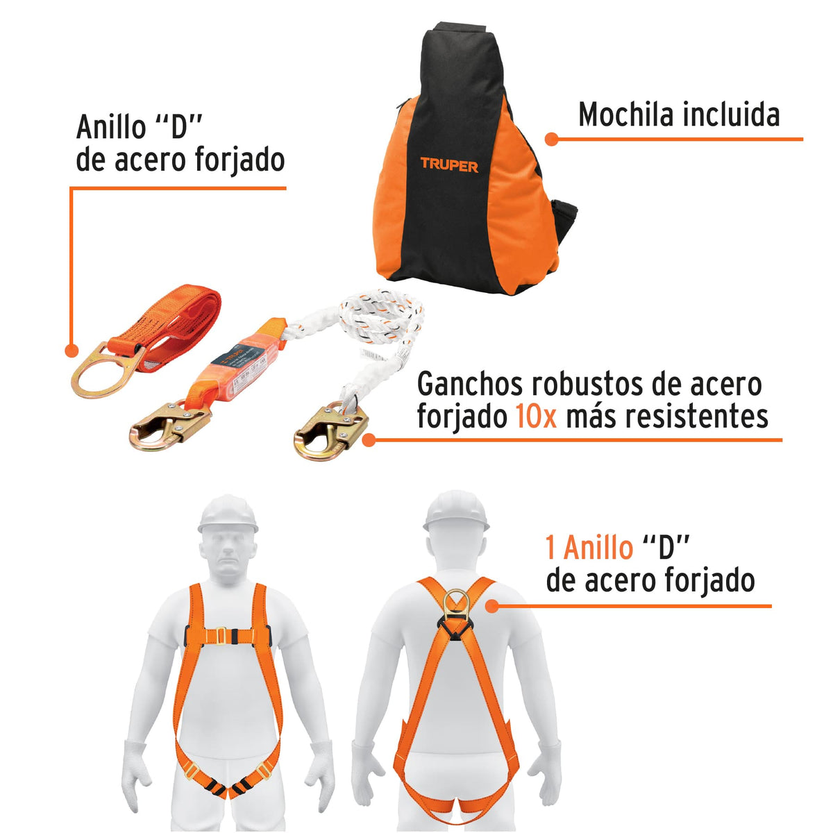 Kit Contra Caídas con Arnés de un Anillo, Ansi, Truper