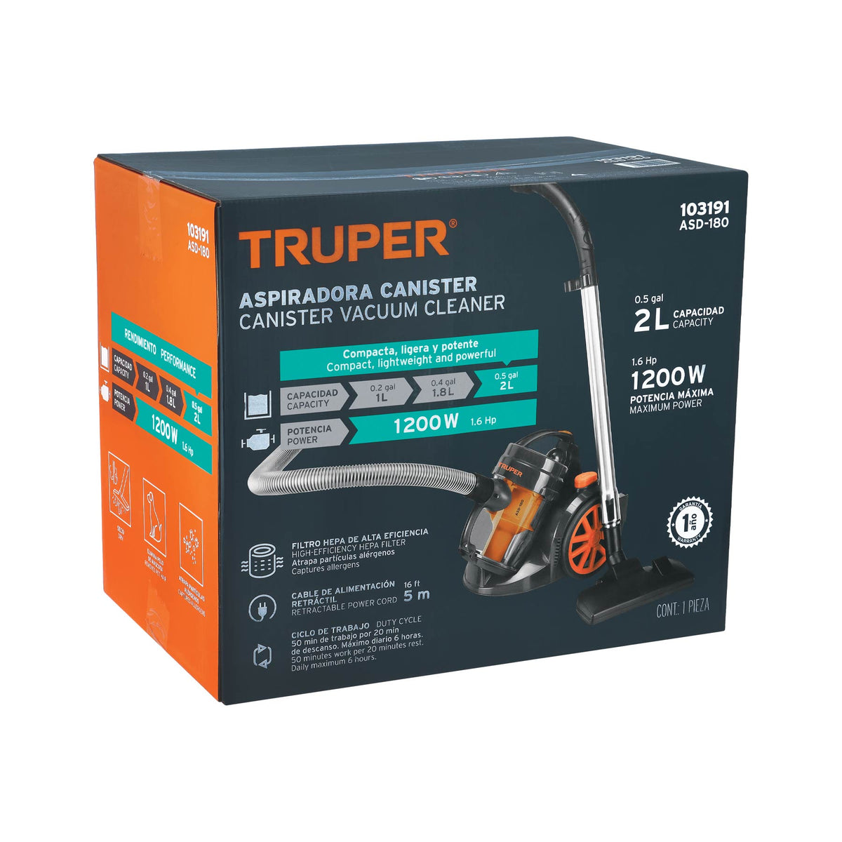 Aspiradora Canister 2 L (0.5 Gal), 1, 200 W (1.6 HP), Truper