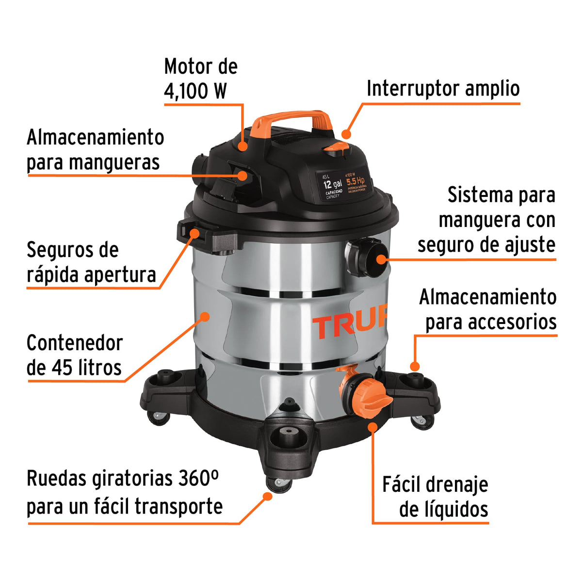 Aspiradora de Sólidos y Líquidos, 12 Gal, Acero Inox, Truper