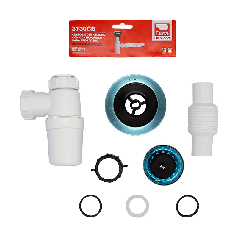 Dica 3730CB cespol plastico flex. con bote grande con contracanasta clasica para fregadero blanco - imagen 6