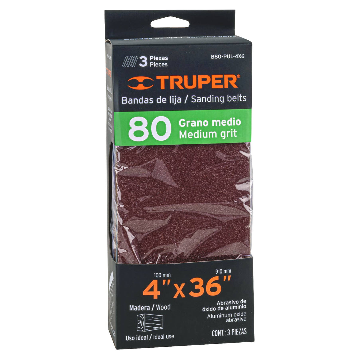 Caja con 3 Bandas de Lija 4' X 36' Grano 80 para Pul 4X6