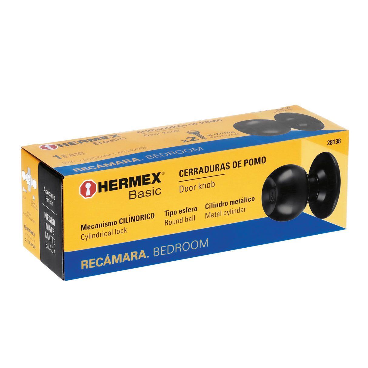 Cerradura Tipo Esfera, Cilíndrico, Recámara, Negro, Basic