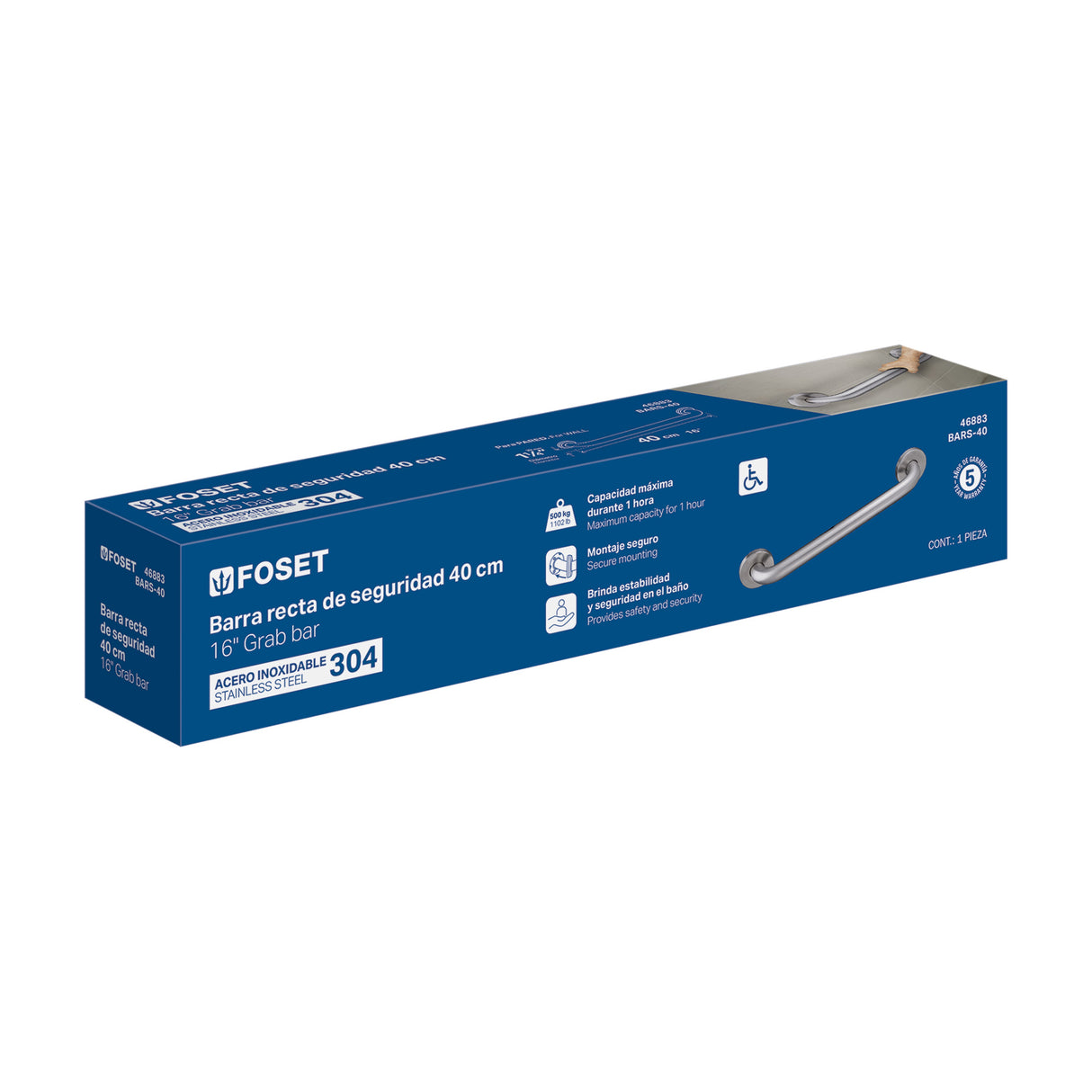 Barra Recta de Seguridad, Acero Inoxidable, 40 cm, Foset