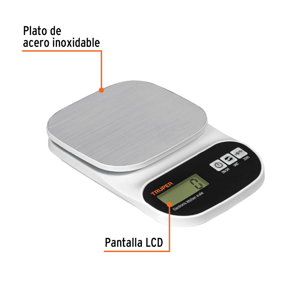 Báscula Digital para Cocina, Plato de Acero Inox, 5 kg, Truper