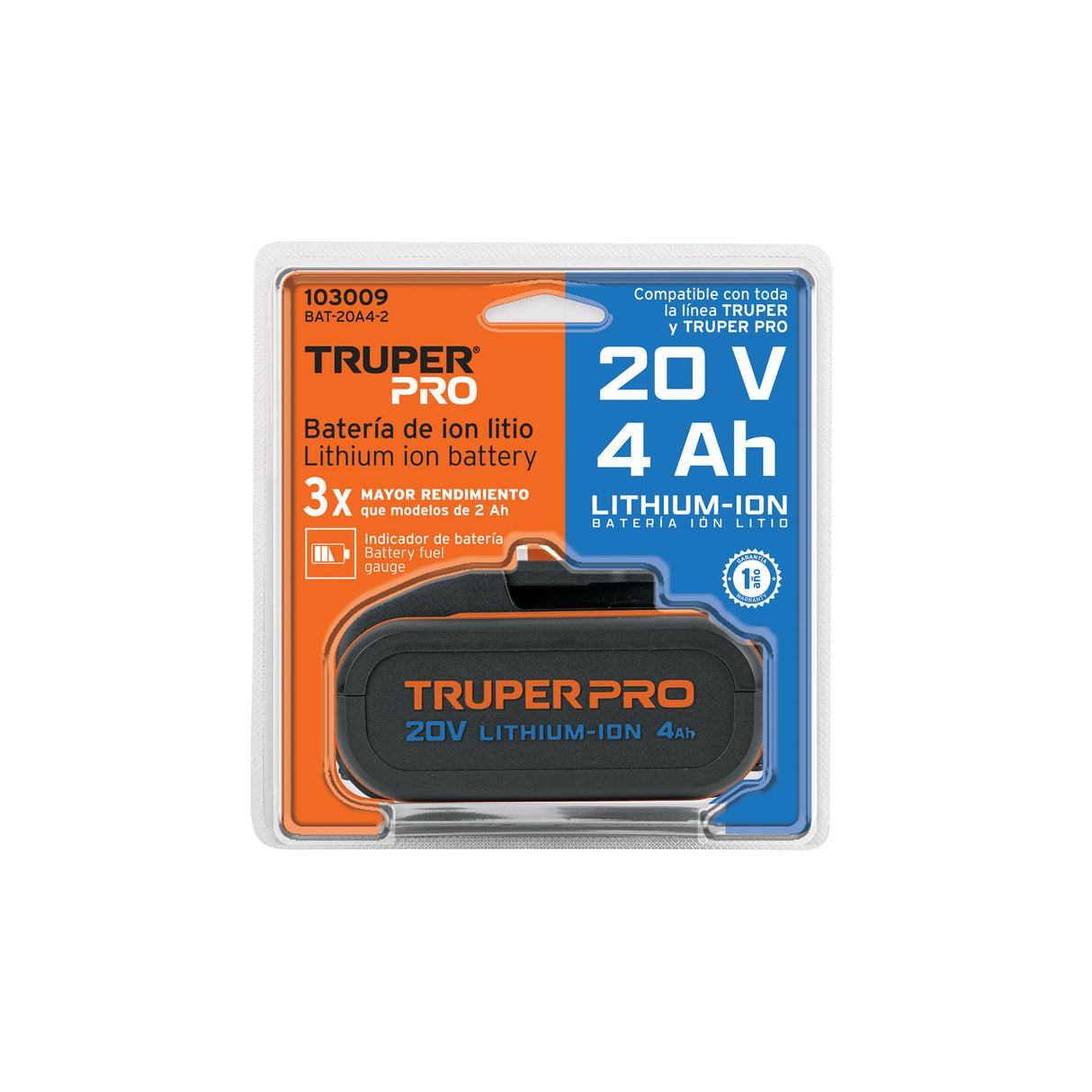 Batería Ion Litio, 20 V, 4 Ah, Truper Pro
