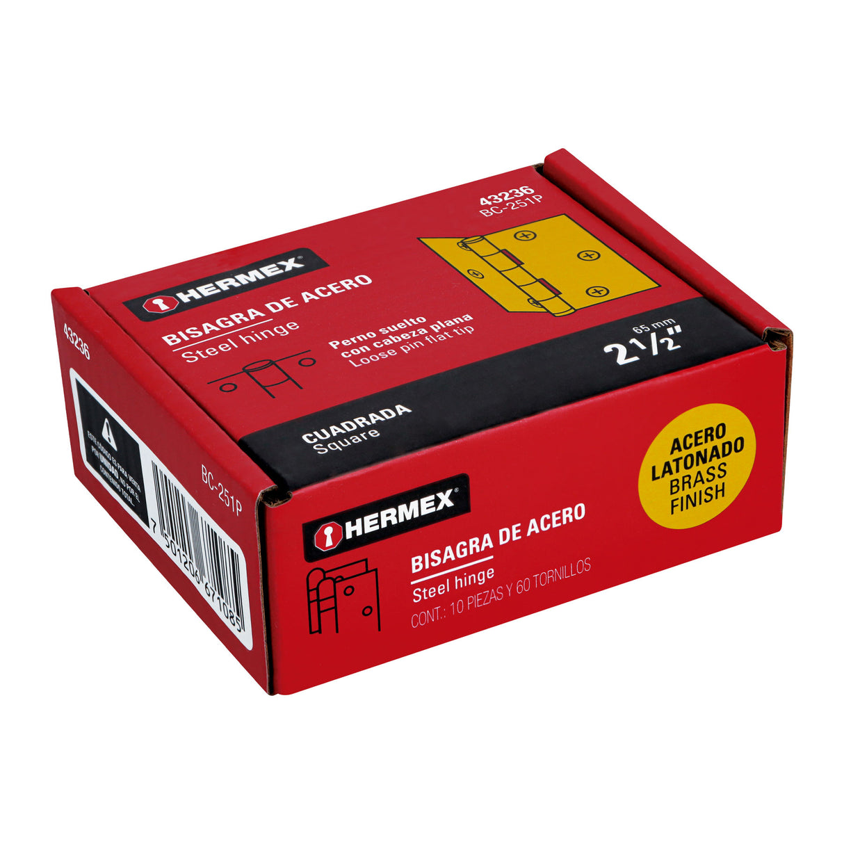 Bisagra Cuadrada 2-1/2', Latonado, Cabeza Plana, Hermex