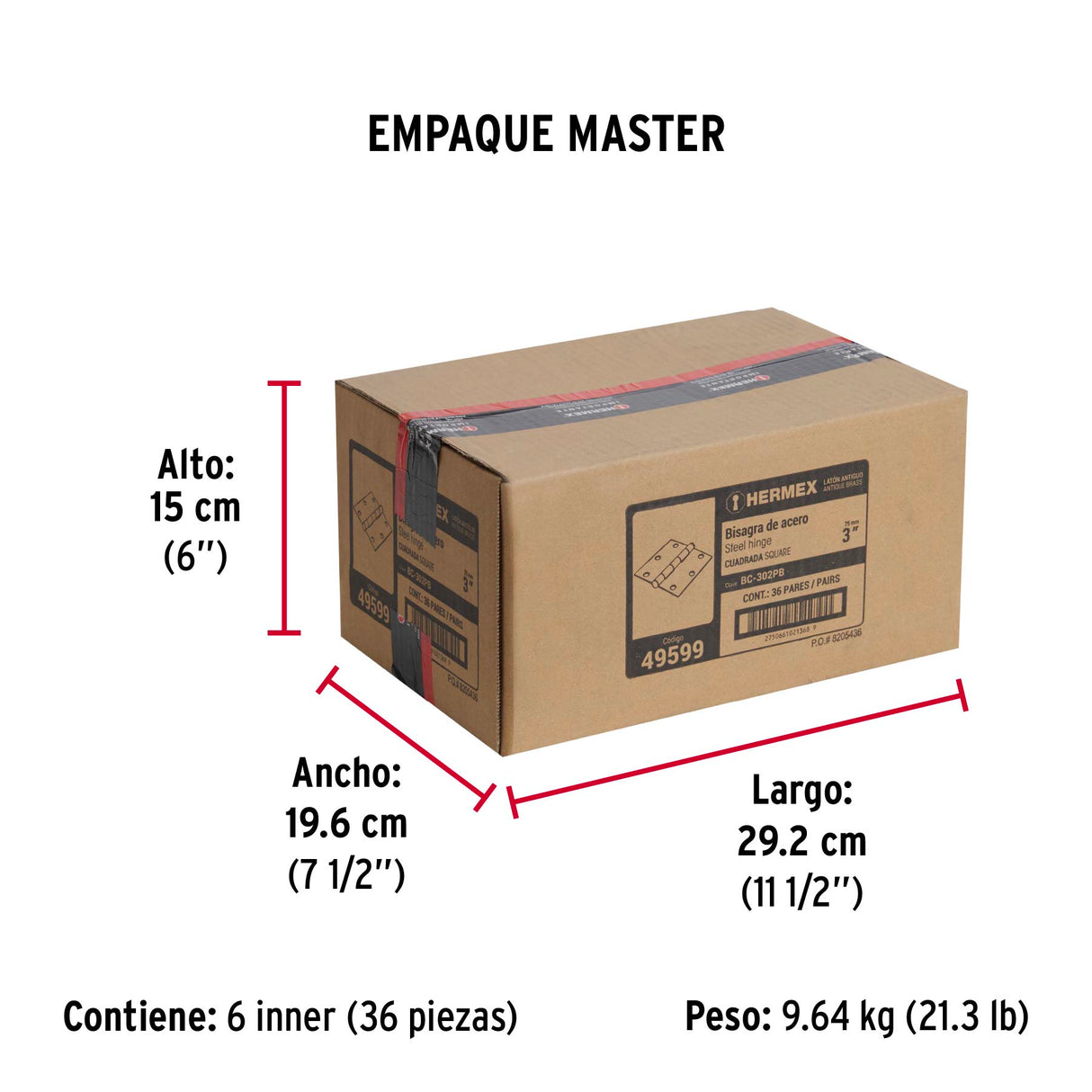 Bolsa C/2 Bisagras Cuadradas 3', Plana, Latón Ant, Hermex