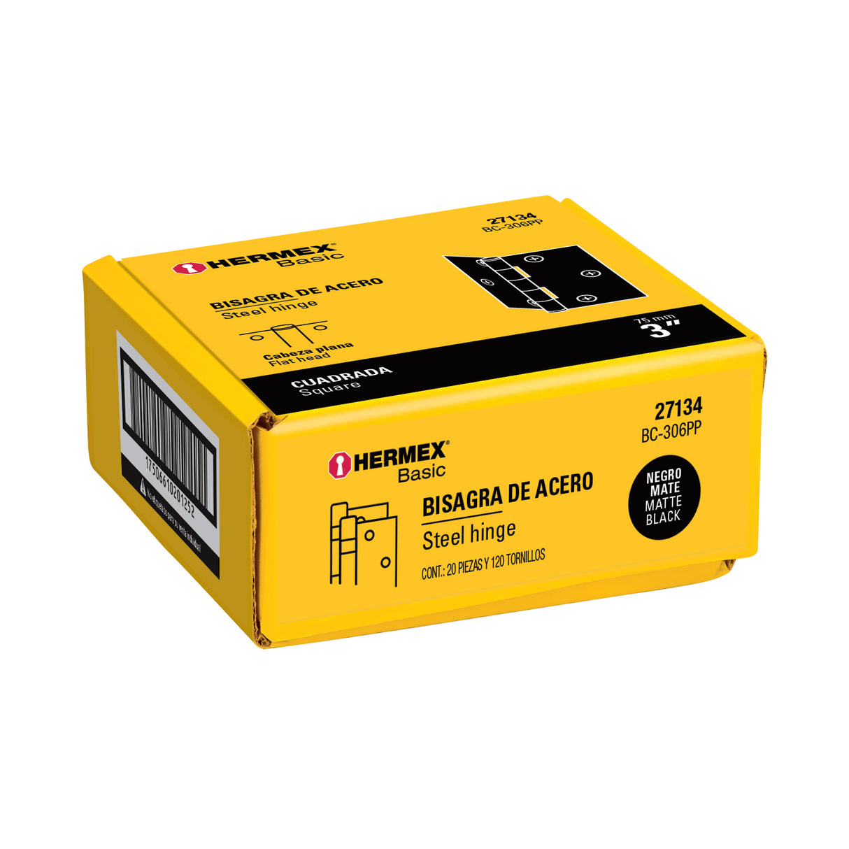 Bisagra Cuadrada 3', Negro Mate, Cabeza Plana, Basic