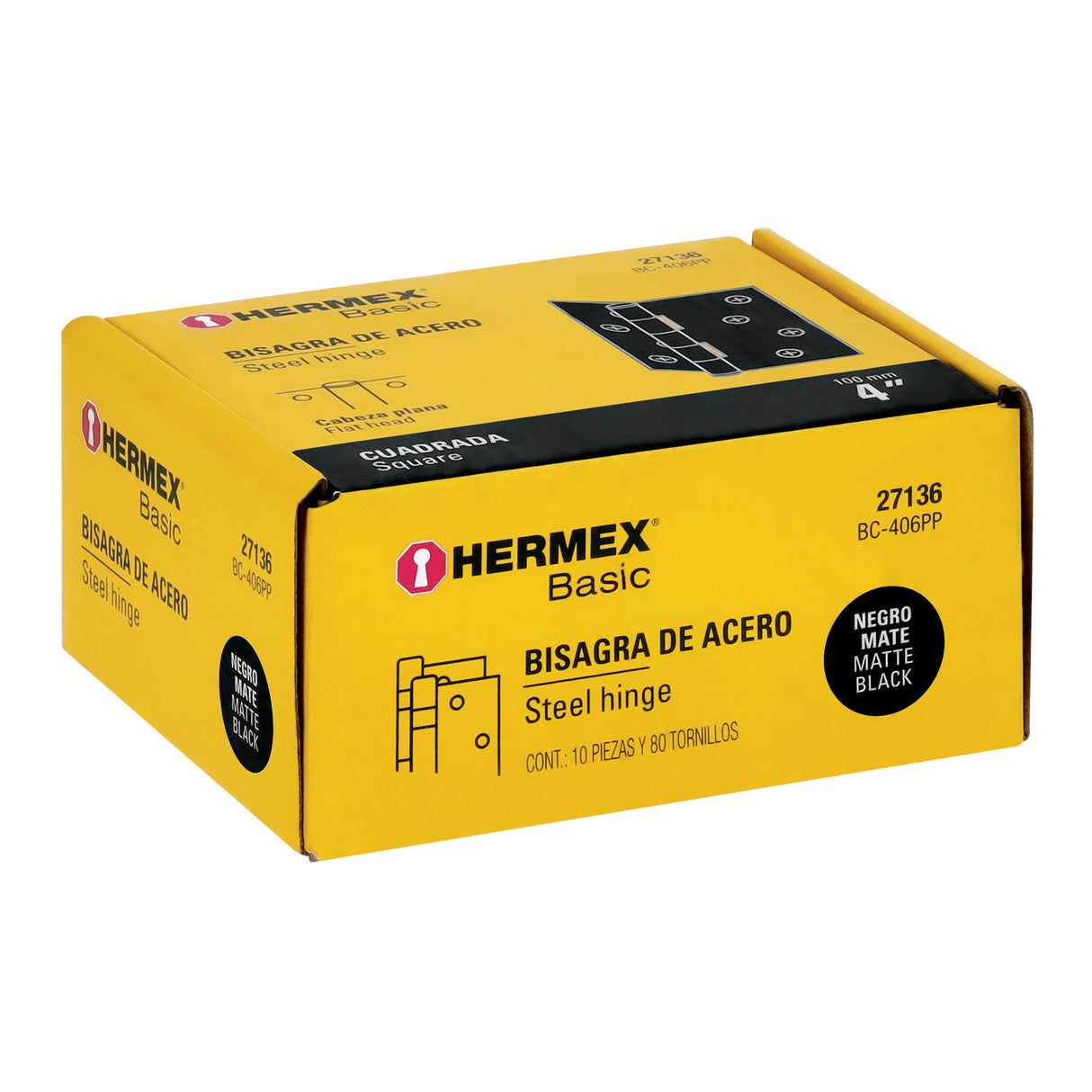 Bisagra Cuadrada 4', Negro Mate, Cabeza Plana, Basic