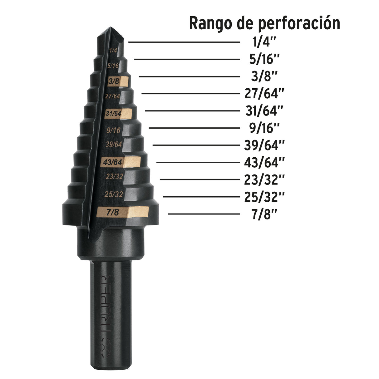 Broca Escalonada Óxido Negro 11 Escalones 1/4' a 7/8', Truper
