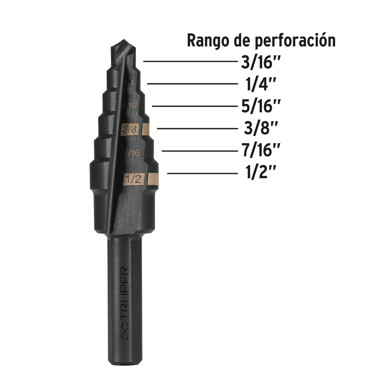 Broca Escalonada Óxido Negro 6 Escalones 3/16' a 1/2', Truper