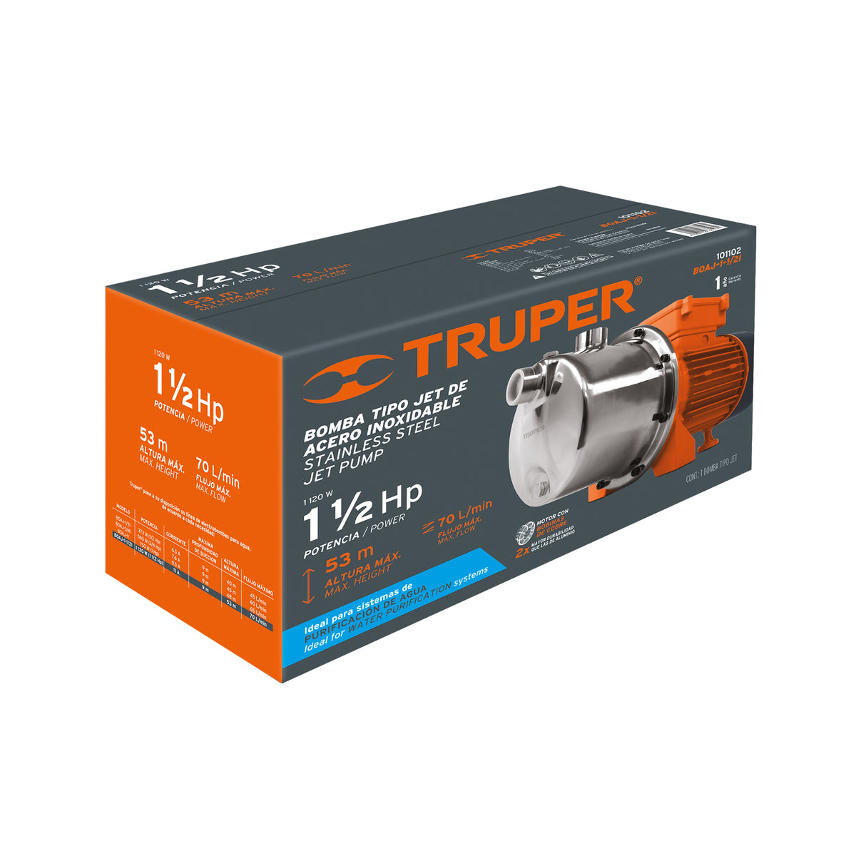 Bomba Tipo Jet, Cabezal de Acero Inoxidable, 1-1/2 HP, Truper