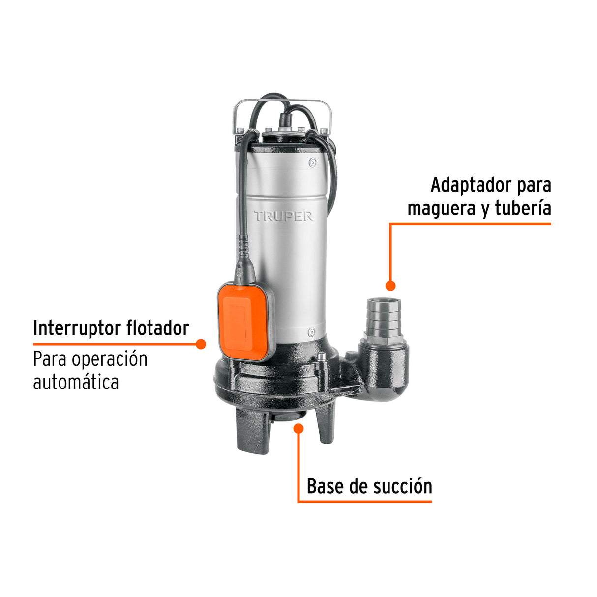 Bomba Sumergible Acero Inox./Hierro, a.Sucia, 1-1/2 HP, Truper