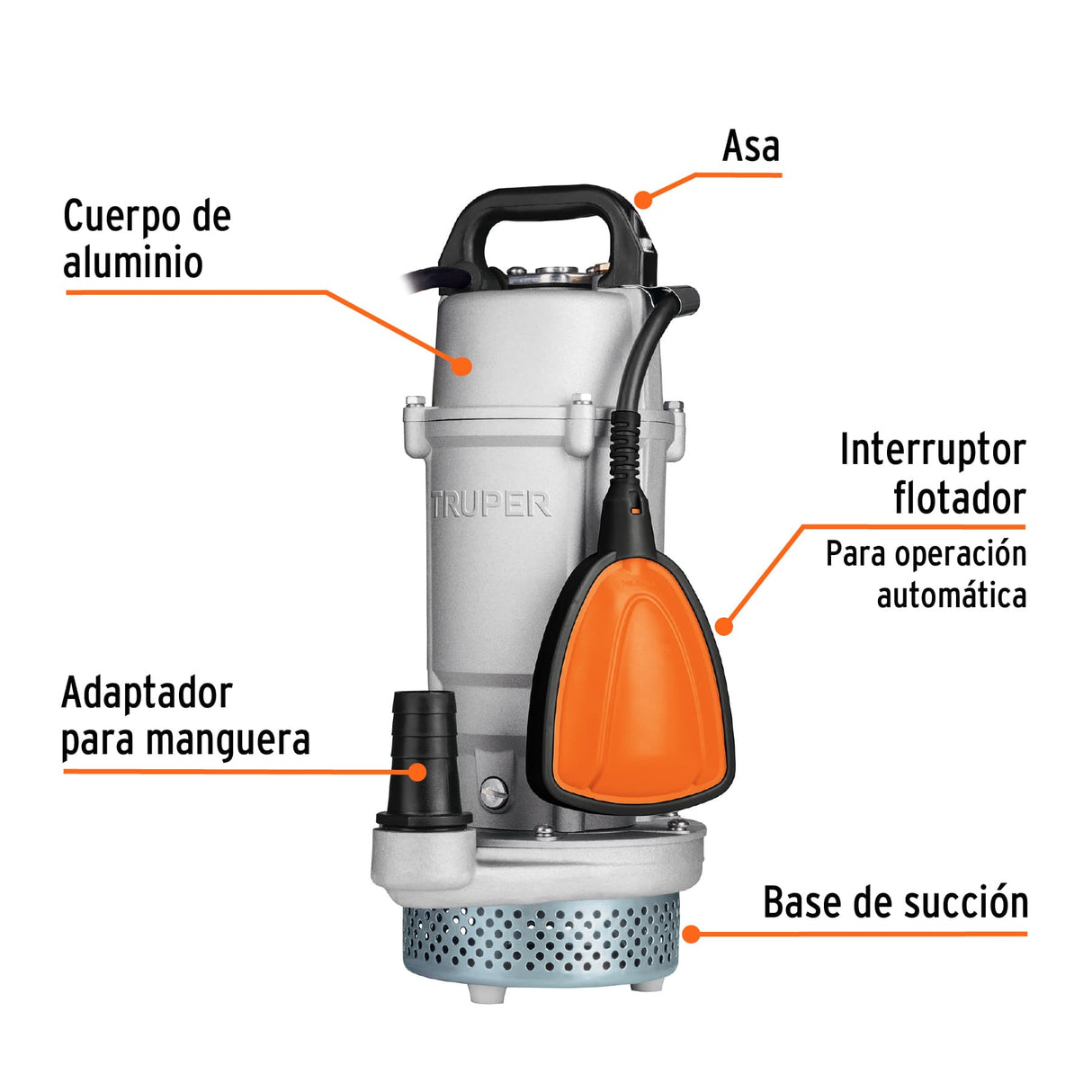 Bomba Sumergible Cubierta Aluminio, Agua Limpia, 1/2 HP, Truper