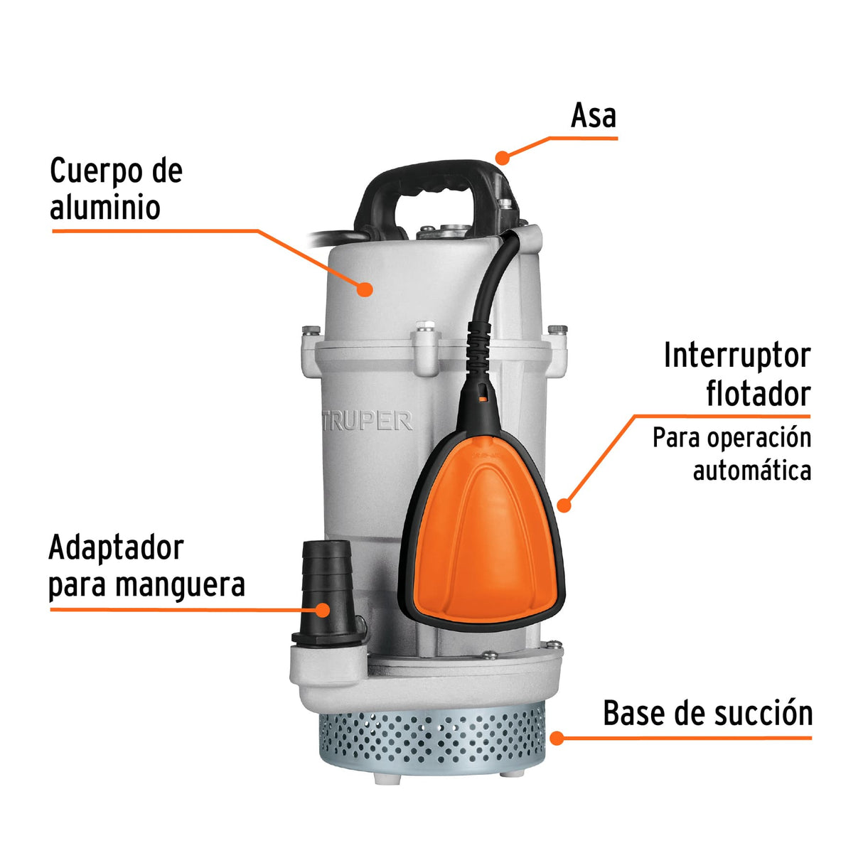 Bomba Sumergible Cubierta Aluminio, Agua Limpia, 3/4 HP, Truper