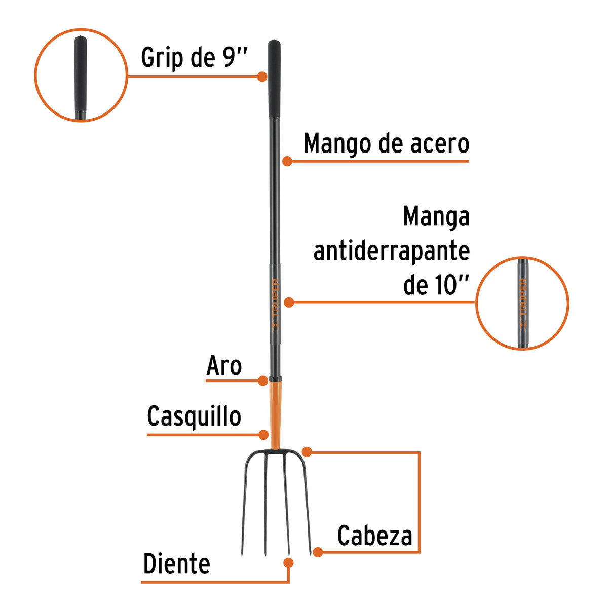 Bieldo para Paja, 4 Dientes, Mango Largo de Acero 48' Truper