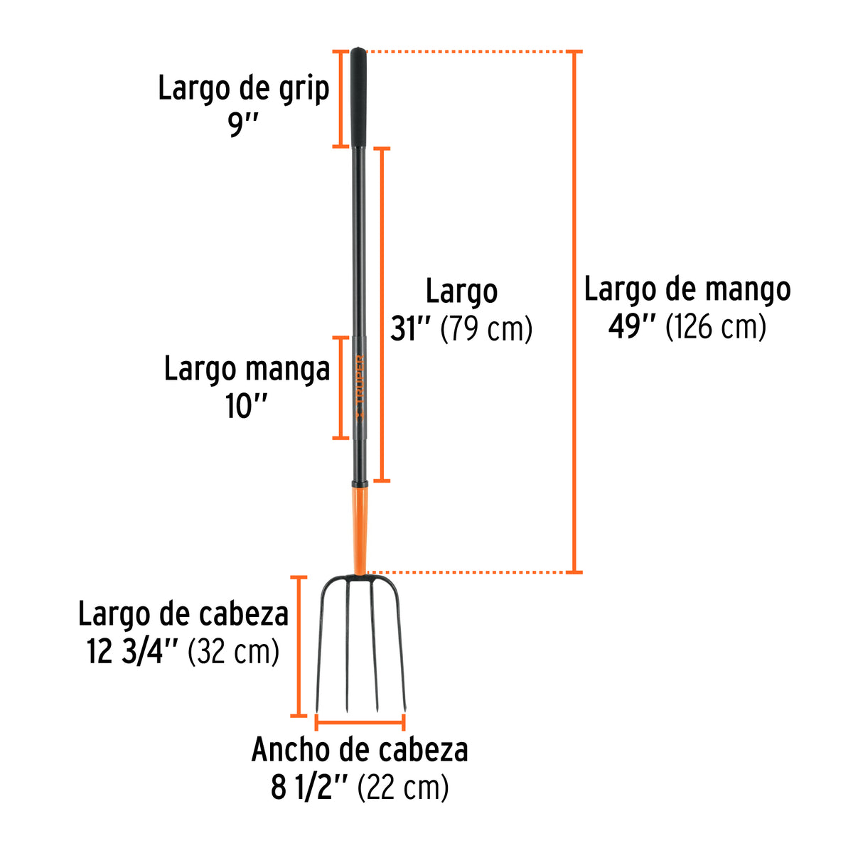 Bieldo para Paja, 4 Dientes, Mango Largo de Acero 48' Truper