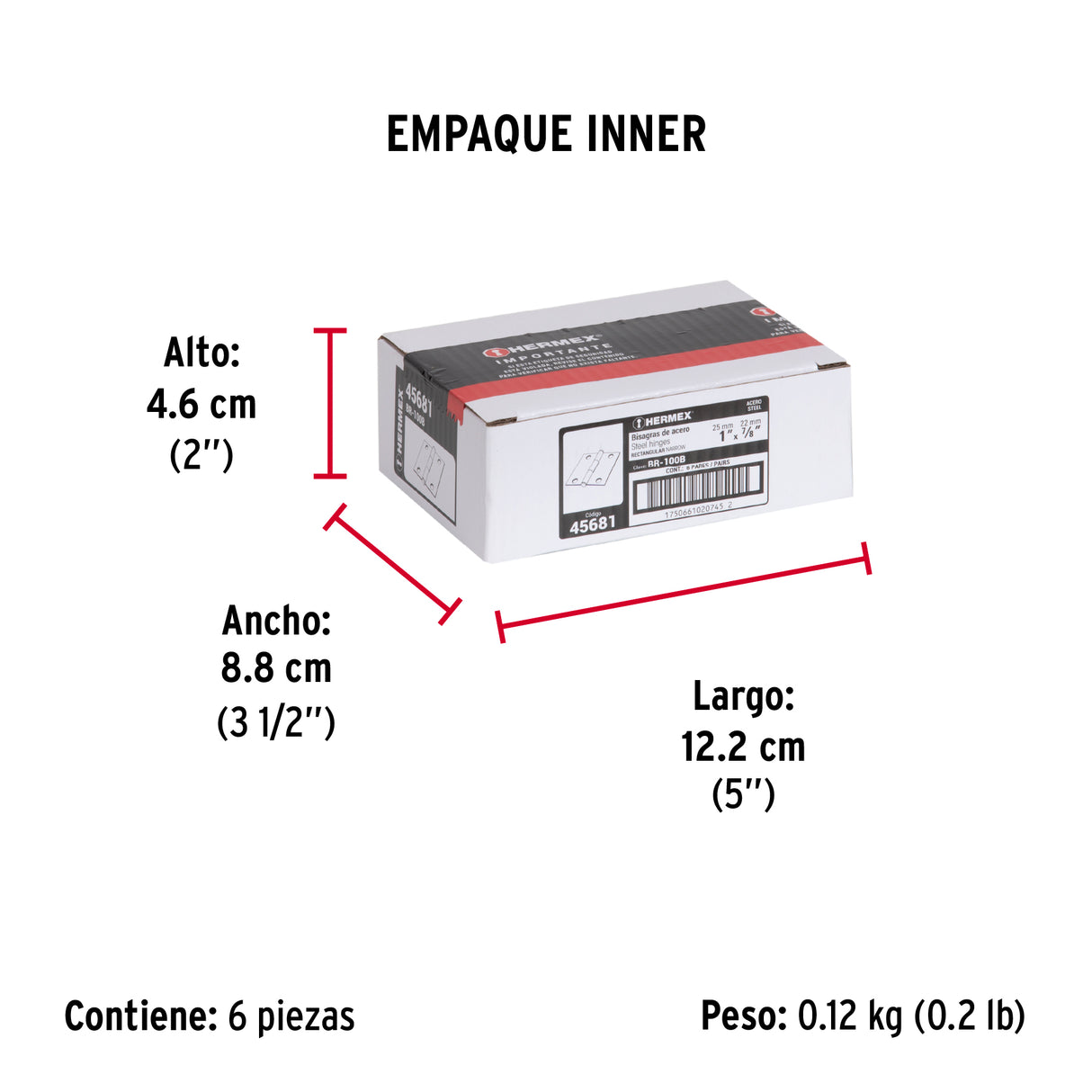 Bolsa con 2 Bisagras Rectangulares 1', Acero Pulido