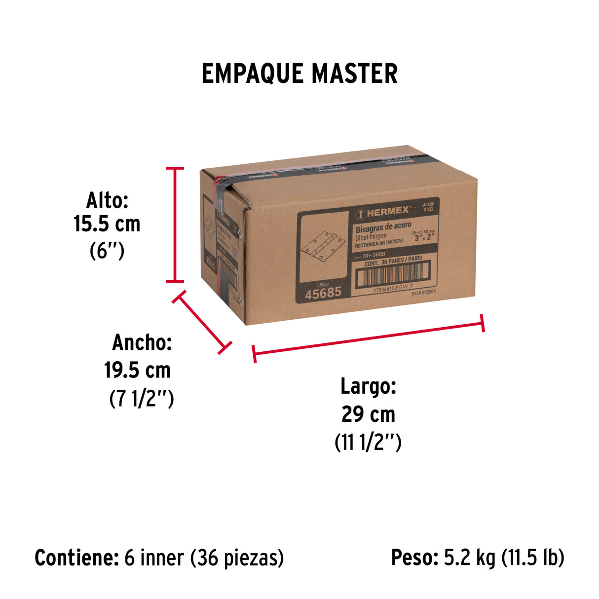 Bolsa con 2 Bisagras Rectangulares 3', Acero Pulido