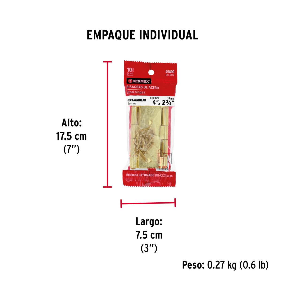 Bolsa con 2 Bisagras Rectangulares 4', Acero Latonado