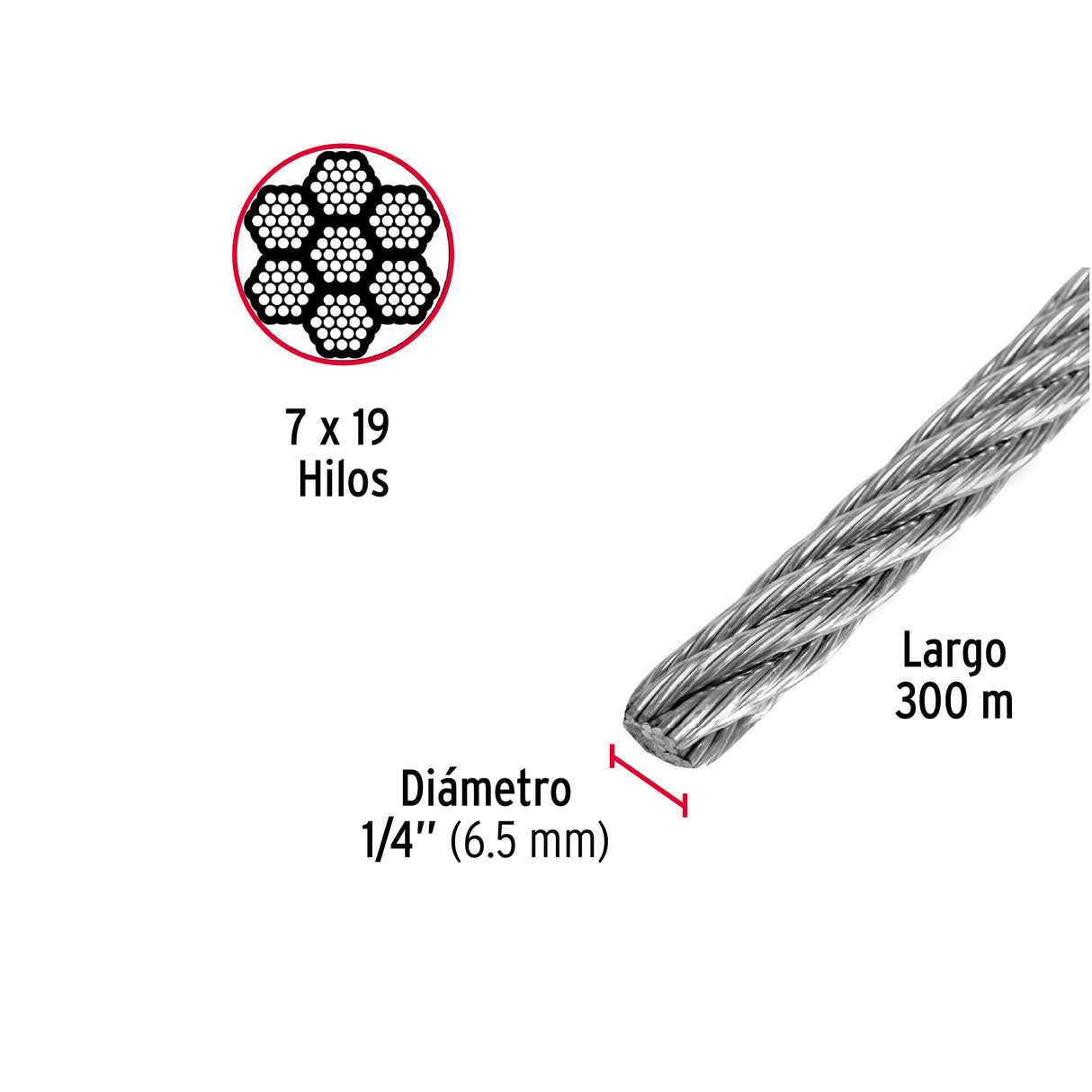 Metro de Cable Flexible 1/4' de Acero 7X19 Hilos, 300 m