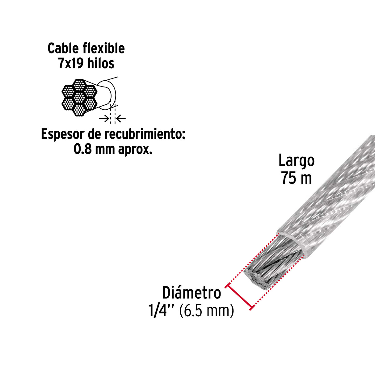 Metro Cable Flexible 1/4' Acero 7X19 Recubierto PVC, 75 m