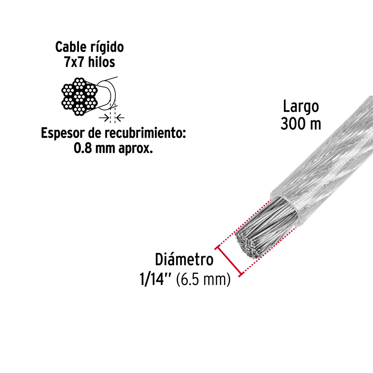 Metro de Cable Rígido 1/4' Acero 7X7 Recubierto PVC, 300 m