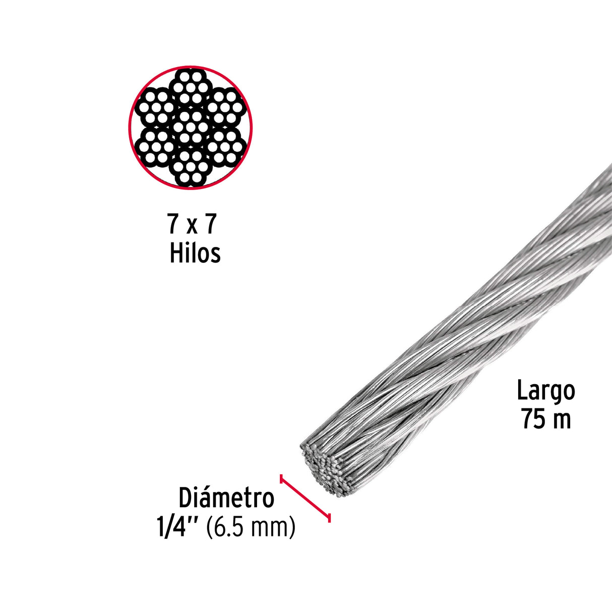 Metro de Cable Rígido 1/4' de Acero 7X7 Hilos, 75 m, Fiero
