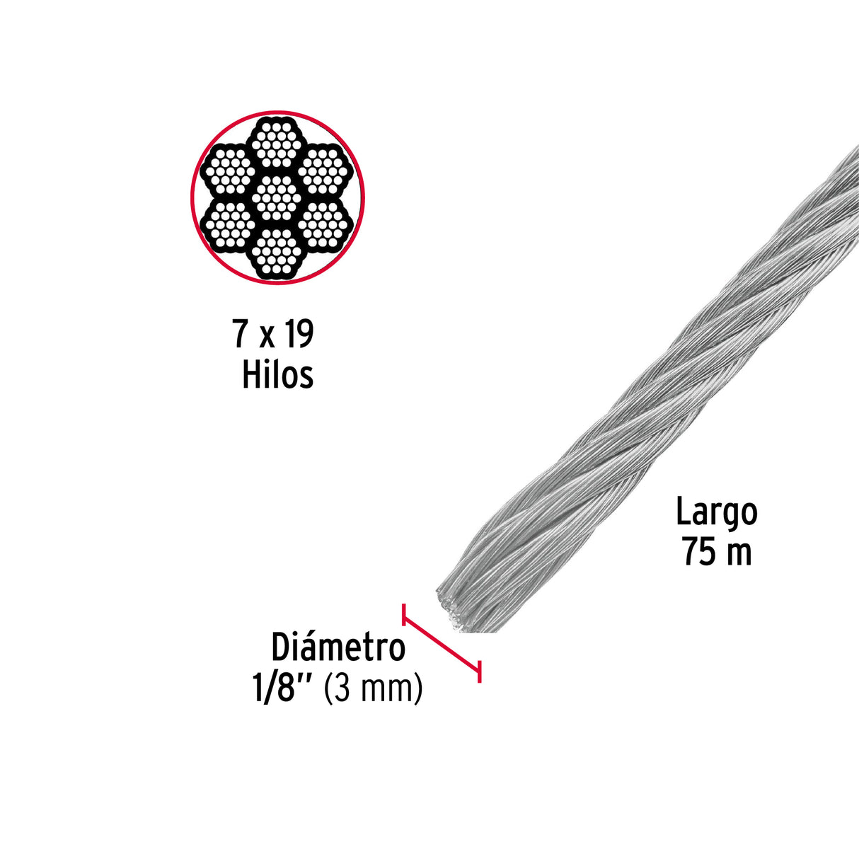 Metro de Cable Flexible 1/8' de Acero 7X19 Hilos, 75 m