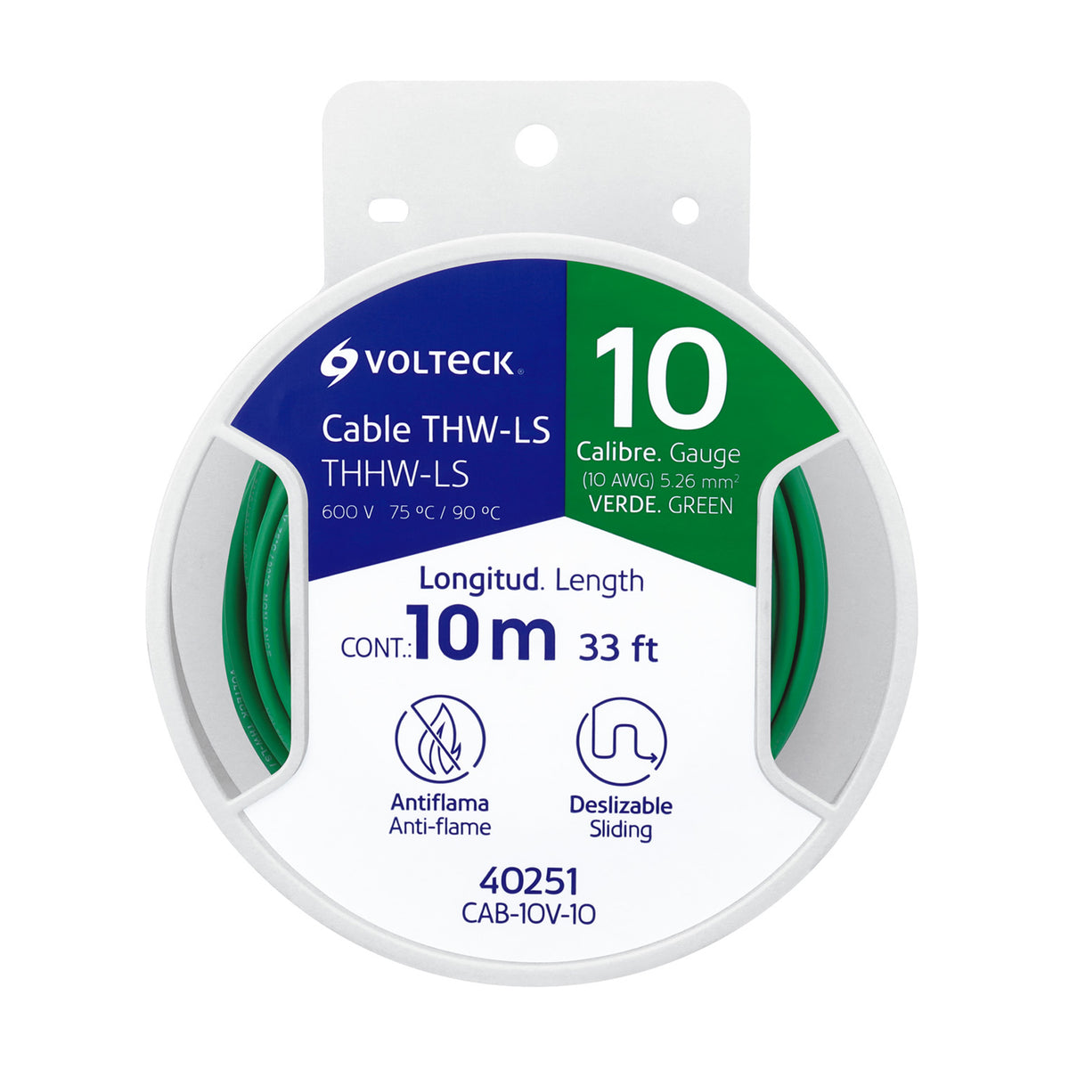 Carrete con 10 m de Cable Thhw-ls 10 AWG Verde, Volteck